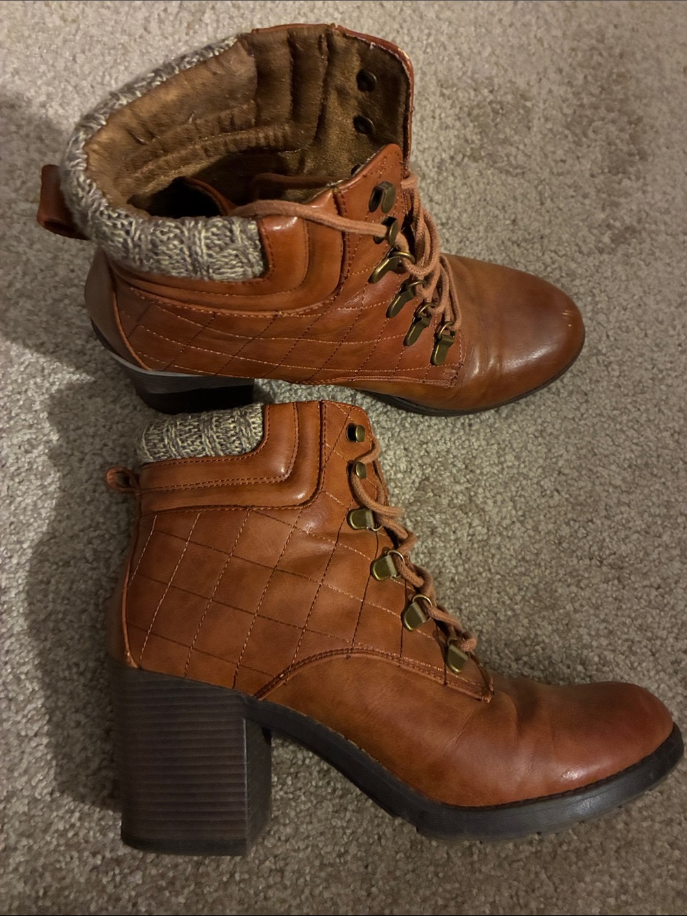 MIA Tan Quilted Lace-Up Block Heel Ankle Boots